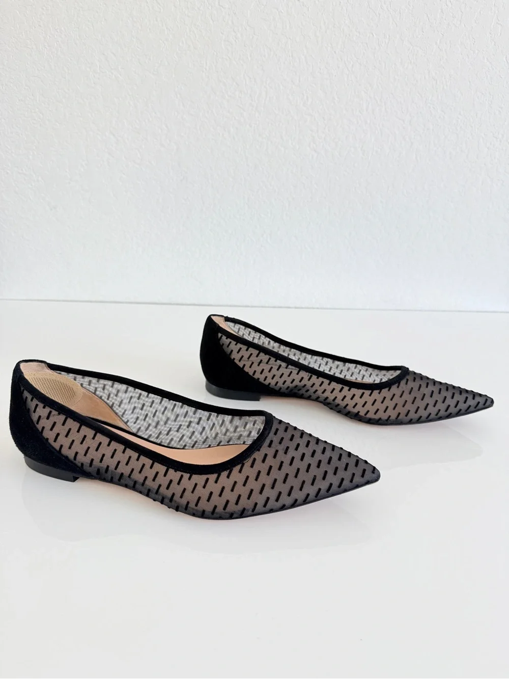 Stuart Weitzman Black Pointed Mesh Flats with Dotted Pattern